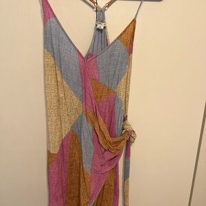 O'Neill Gold and Pink Ruched Asymmetrical Sundress